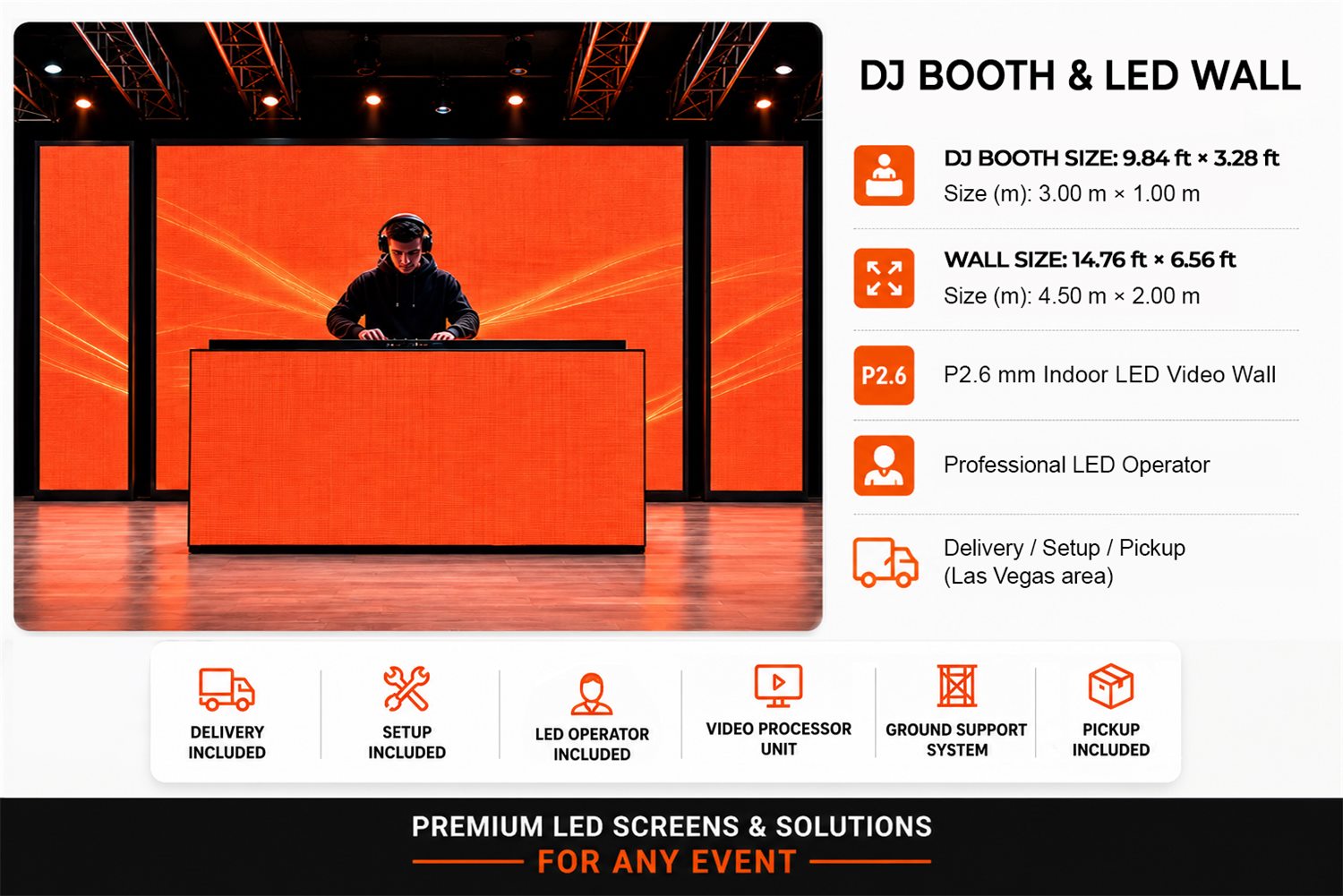 DJ Booth & LED Wall — Booth 3.00 × 1.00 m · Wall 4.50 × 2.00 m